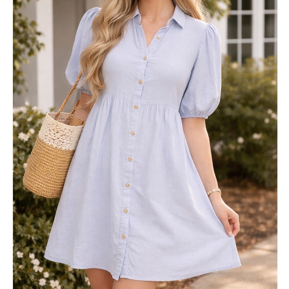 Baltic Born Blue Cotton Button Down Tiered Midi Shirt Dress Puff Sleeve M K2